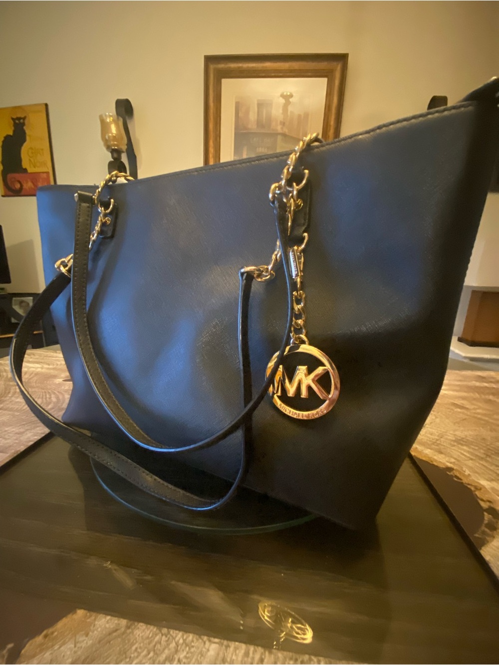 Michael Kors Black Saffiano Leather Tote with Gold MK Charm